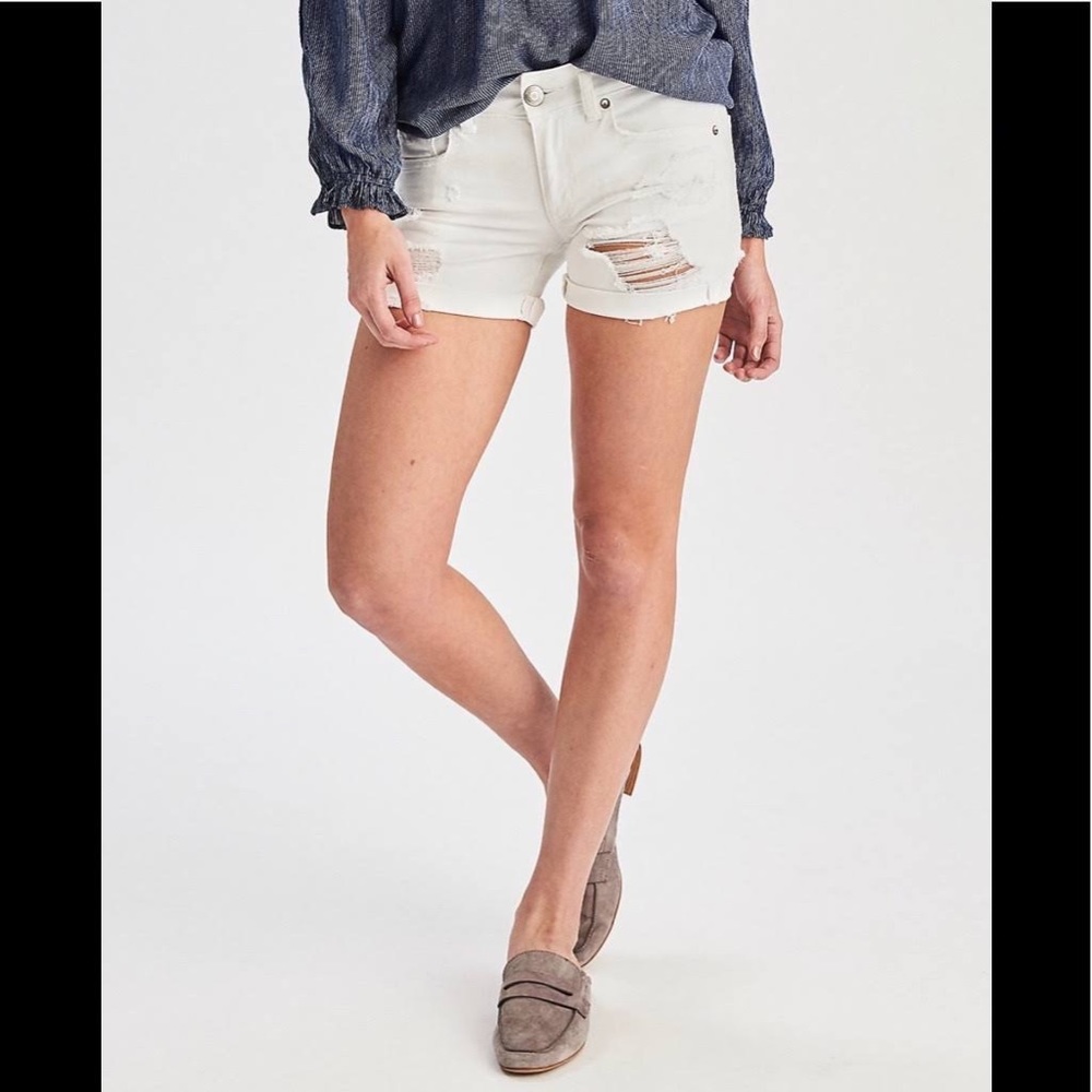 American Eagle White Low Rise Distressed Midi Shorts